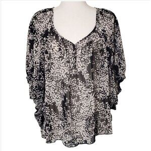 Express Sheer Blouse Womens Xsmall Black White Floral Batwing Sleeve Flutter Top